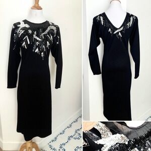 Moonglow Knits Black Wool Acrylic Knitted Sweater Dress sequin bead applique